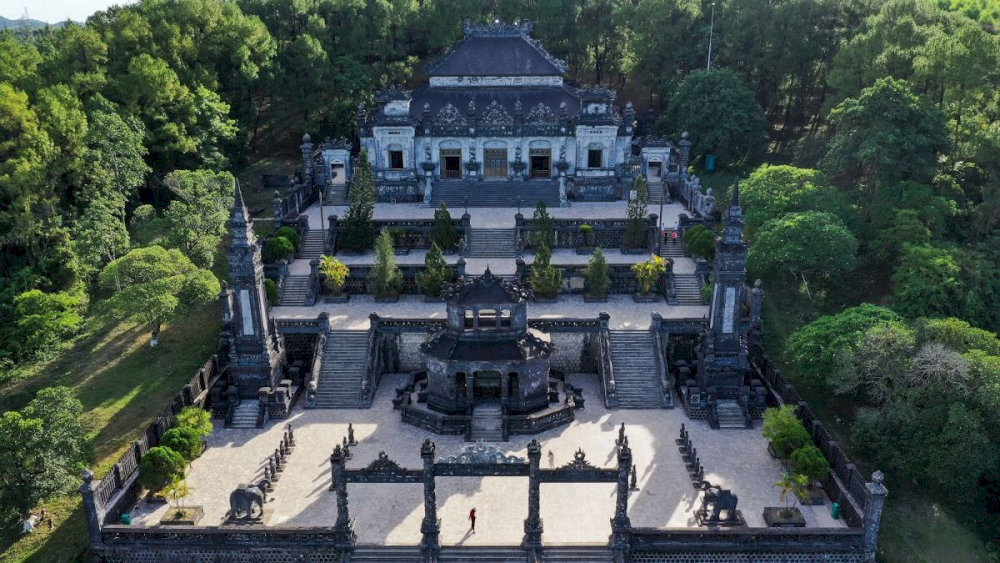 Khai Dinh Tomb is situated approximately 10 kilometers south of Hue city center on Chau Chu Mountain
